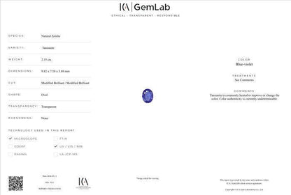 2.15 Ct Natural Tanzanite | Certified Blue Violet Tanzanite | Oval Cut Loose Gemstone | December Birthstone
