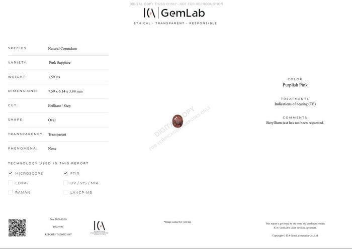1.59 Ct Pink Sapphire | Natural Purplish Pink Sapphire | Certified Loose Sapphire | Oval Cut Gemstone | September Birthstone