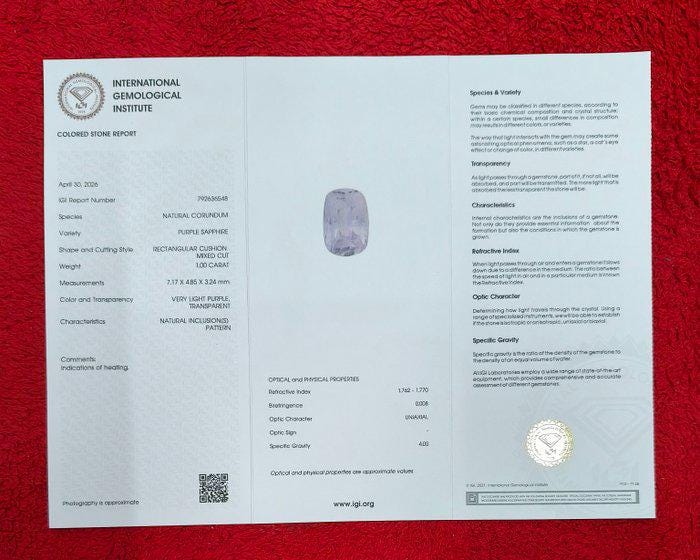 1.00 Ct Cushion Cut Unheated Purple Sapphire | IGI Certified Lavender Gemstone