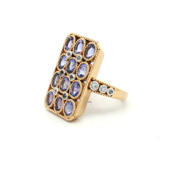 Natural Tanzanite Zircon Statement Ring | Art Deco Gold Plated Sterling Silver