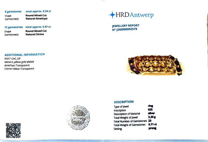 Natural Citrine & Amethyst Statement Ring in Gold Plated Sterling Silver | HRD Antwerp Gemstone Ring
