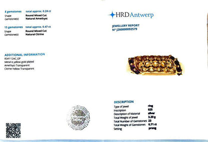 Natural Citrine & Amethyst Statement Ring in Gold Plated Sterling Silver | HRD Antwerp Gemstone Ring