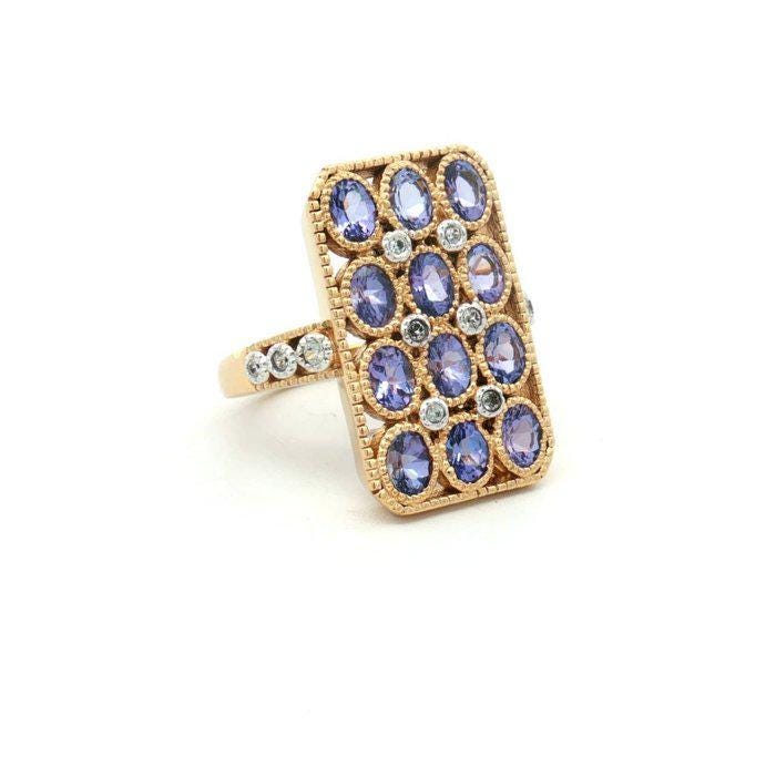 Natural Tanzanite Zircon Statement Ring | Art Deco Gold Plated Sterling Silver