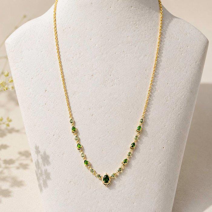 Natural Green Diopside Necklace | Gold Plated Sterling Silver Pear & Marquise Gemstone Necklace | Certified ALGT