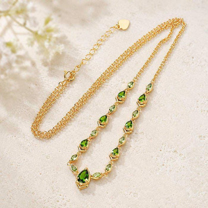 Natural Green Diopside Necklace | Gold Plated Sterling Silver Pear & Marquise Gemstone Necklace | Certified ALGT