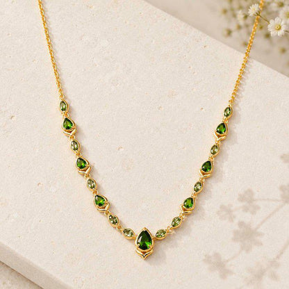 Natural Green Diopside Necklace | Gold Plated Sterling Silver Pear & Marquise Gemstone Necklace | Certified ALGT