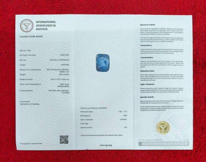 IGI Certified Deep Blue Sapphire 0.87 Ct | Natural Blue Sapphire | Cushion Rectangle Loose Sapphire | Heated Sapphire | September Birthstone