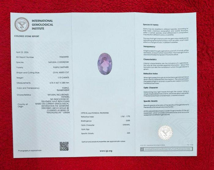 IGI Certified Natural Purple Sapphire 1.10 Ct | Madagascar Sapphire | Loose Pink Purple Sapphire | Oval Sapphire | Untreated Sapphire