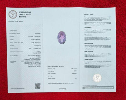 IGI Certified Natural Purple Sapphire 1.10 Ct | Madagascar Sapphire | Loose Pink Purple Sapphire | Oval Sapphire | Untreated Sapphire