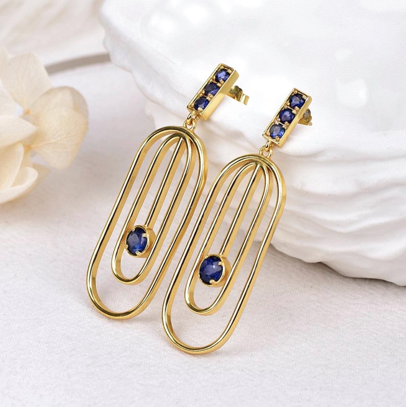 Natural Sapphire Statement Earrings | ALGT Certified Blue Sapphire Earrings | Gold Geometric Dangle Earrings | Modern Sapphire Jewelry