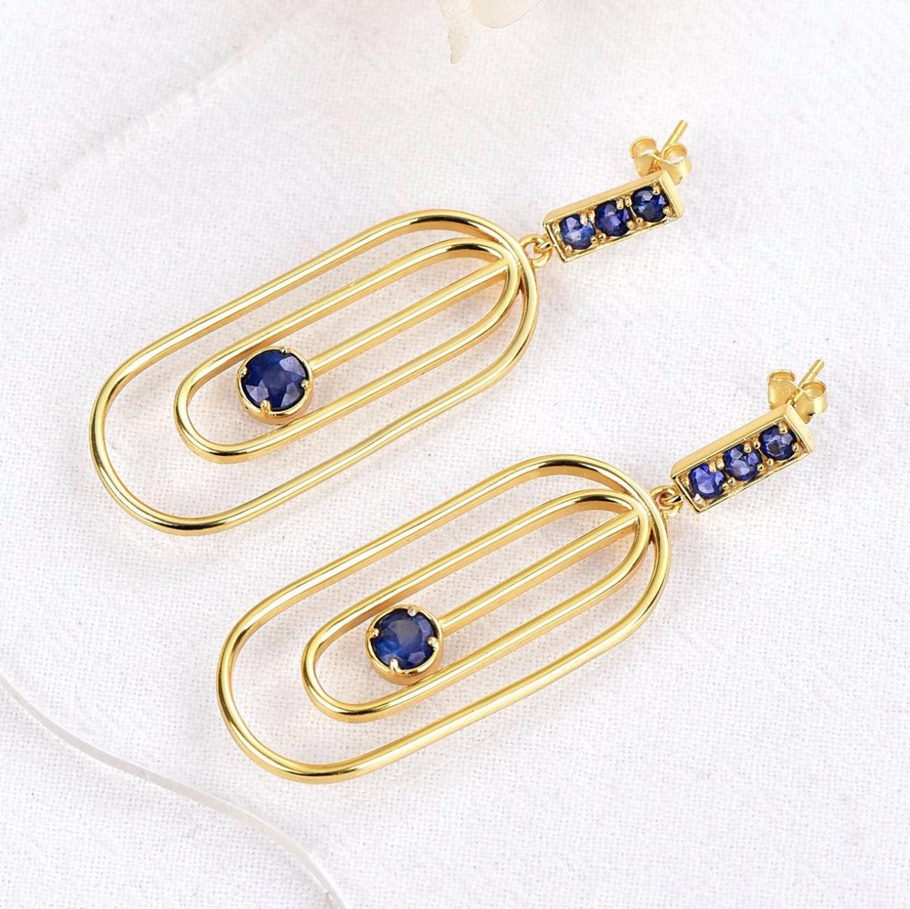 Natural Sapphire Statement Earrings | ALGT Certified Blue Sapphire Earrings | Gold Geometric Dangle Earrings | Modern Sapphire Jewelry