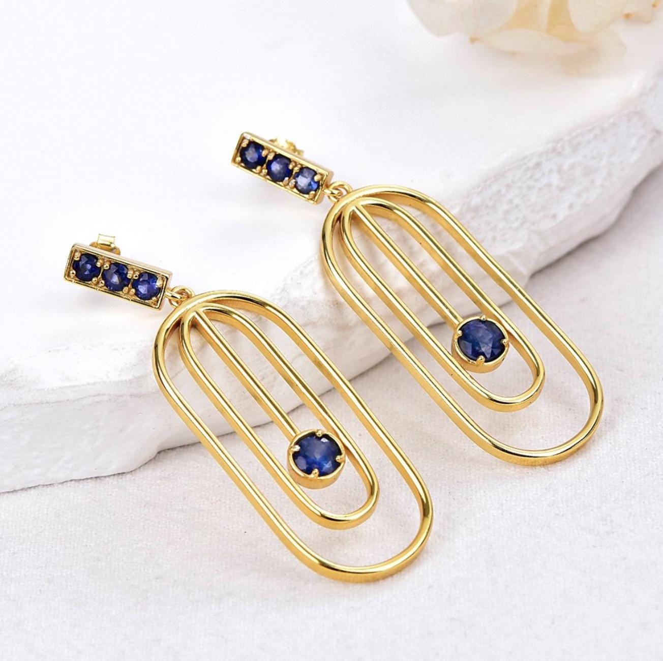 Natural Sapphire Statement Earrings | ALGT Certified Blue Sapphire Earrings | Gold Geometric Dangle Earrings | Modern Sapphire Jewelry