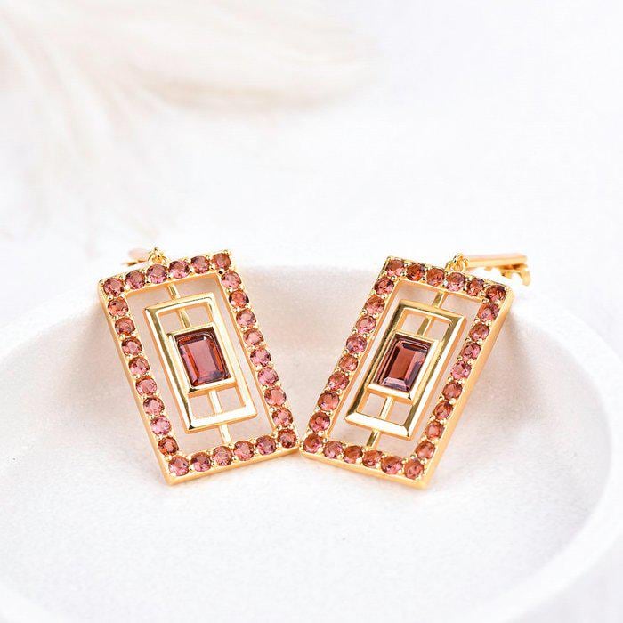 Natural Garnet Drop Earrings | ALGT Certified Untreated Red Garnet Earrings | Geometric Gold Statement Earrings