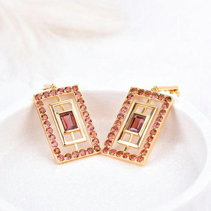 Natural Garnet Drop Earrings | ALGT Certified Untreated Red Garnet Earrings | Geometric Gold Statement Earrings