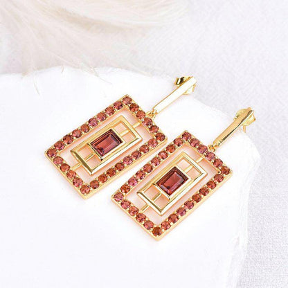 Natural Garnet Drop Earrings | ALGT Certified Untreated Red Garnet Earrings | Geometric Gold Statement Earrings