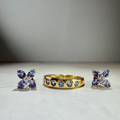 Tanzanite Ring & Earrings Set | 925 Sterling Silver Gold-Plated Jewelry | 1.70 CTW Natural Tanzanite
