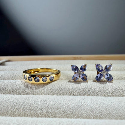 Tanzanite Ring & Earrings Set | 925 Sterling Silver Gold-Plated Jewelry | 1.70 CTW Natural Tanzanite