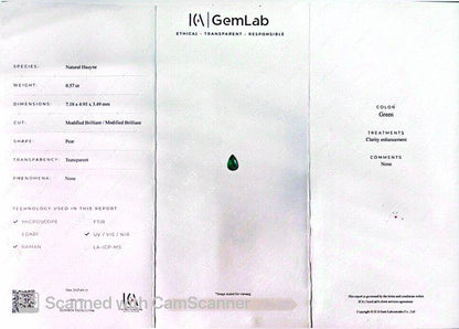 Certified Natural Green Hauyne 0.57 Ct | Pear Cut Loose Gemstone | ICA GemLab Certified | Rare Collector Gem | Genuine Hauyne
