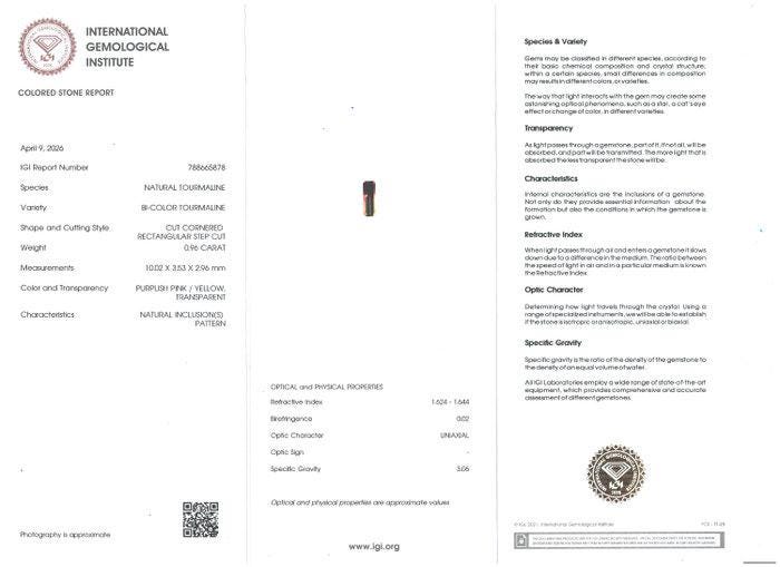 IGI Certified Bi-Color Tourmaline 0.96 Ct | Watermelon Tourmaline | Emerald Cut Loose Gemstone | Natural Pink & Yellow Green Tourmaline