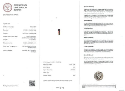 IGI Certified Bi-Color Tourmaline 0.96 Ct | Watermelon Tourmaline | Emerald Cut Loose Gemstone | Natural Pink & Yellow Green Tourmaline