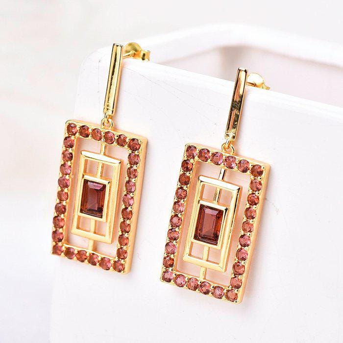 Natural Garnet Drop Earrings | ALGT Certified Untreated Red Garnet Earrings | Geometric Gold Statement Earrings