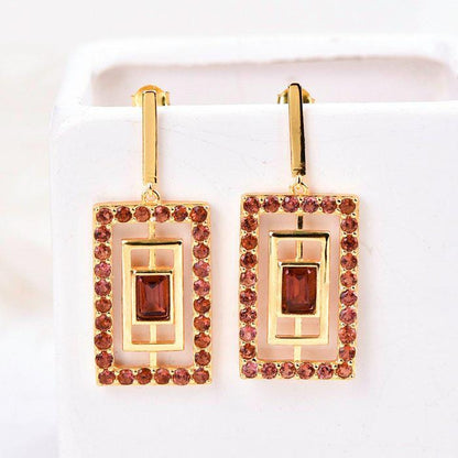 Natural Garnet Drop Earrings | ALGT Certified Untreated Red Garnet Earrings | Geometric Gold Statement Earrings