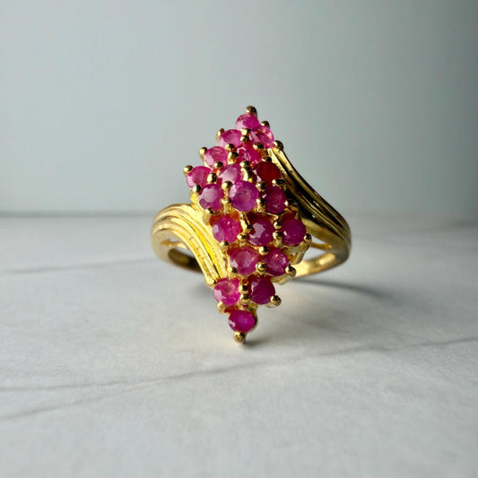 Natural Ruby Marquise Cluster Ring | 14K Gold Plated Sterling Silver 925 | Vintage Style Pink Red Ruby Ring | Size 8 | Statement Jewelry