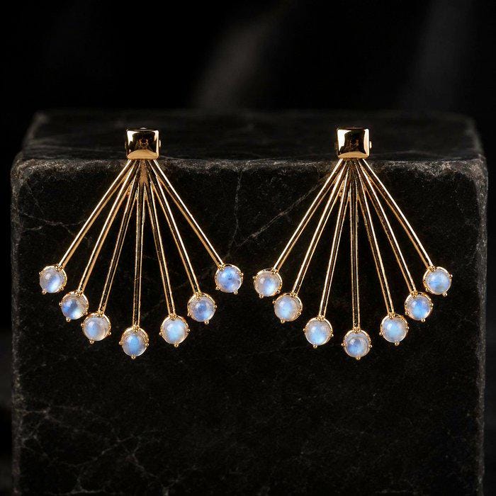 Natural Labradorite Fan Earrings | Gold Plated Sterling Silver Statement Earrings | Blue Flash Labradorite | Art Deco Inspired