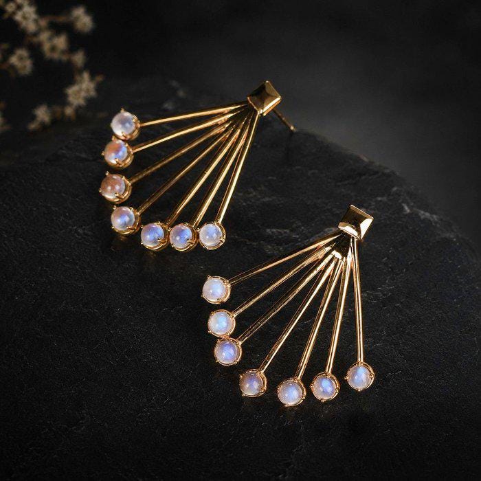 Natural Labradorite Fan Earrings | Gold Plated Sterling Silver Statement Earrings | Blue Flash Labradorite | Art Deco Inspired