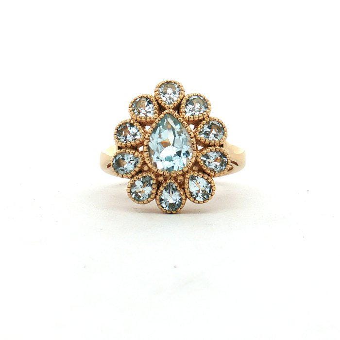 Natural Blue Topaz Ring, 2.95 CTW Pear Cut Floral Cluster, Gold Plated 925 Sterling Silver, HRD Antwerp Report