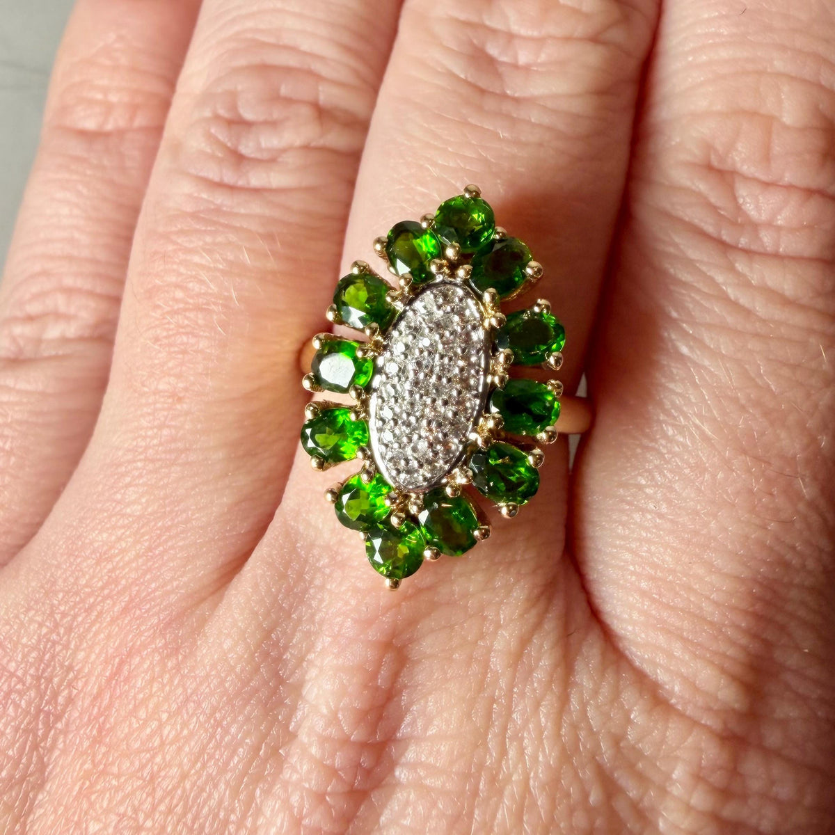 Natural Green Diopside & White Topaz Ring, 2.25 CTW, Gold Plated 925 Silver Floral Cluster Ring, HRD Certified