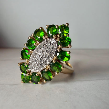 Natural Green Diopside & White Topaz Ring, 2.25 CTW, Gold Plated 925 Silver Floral Cluster Ring, HRD Certified