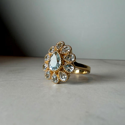 Natural Blue Topaz Ring, 2.95 CTW Pear Cut Floral Cluster, Gold Plated 925 Sterling Silver, HRD Antwerp Report