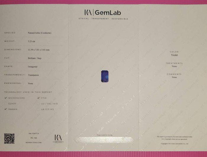 3.23 Ct Natural Violet Iolite Gemstone, Certified Untreated Octagon Step Cut Loose Stone, Blue Purple Gem for Custom Jewelry