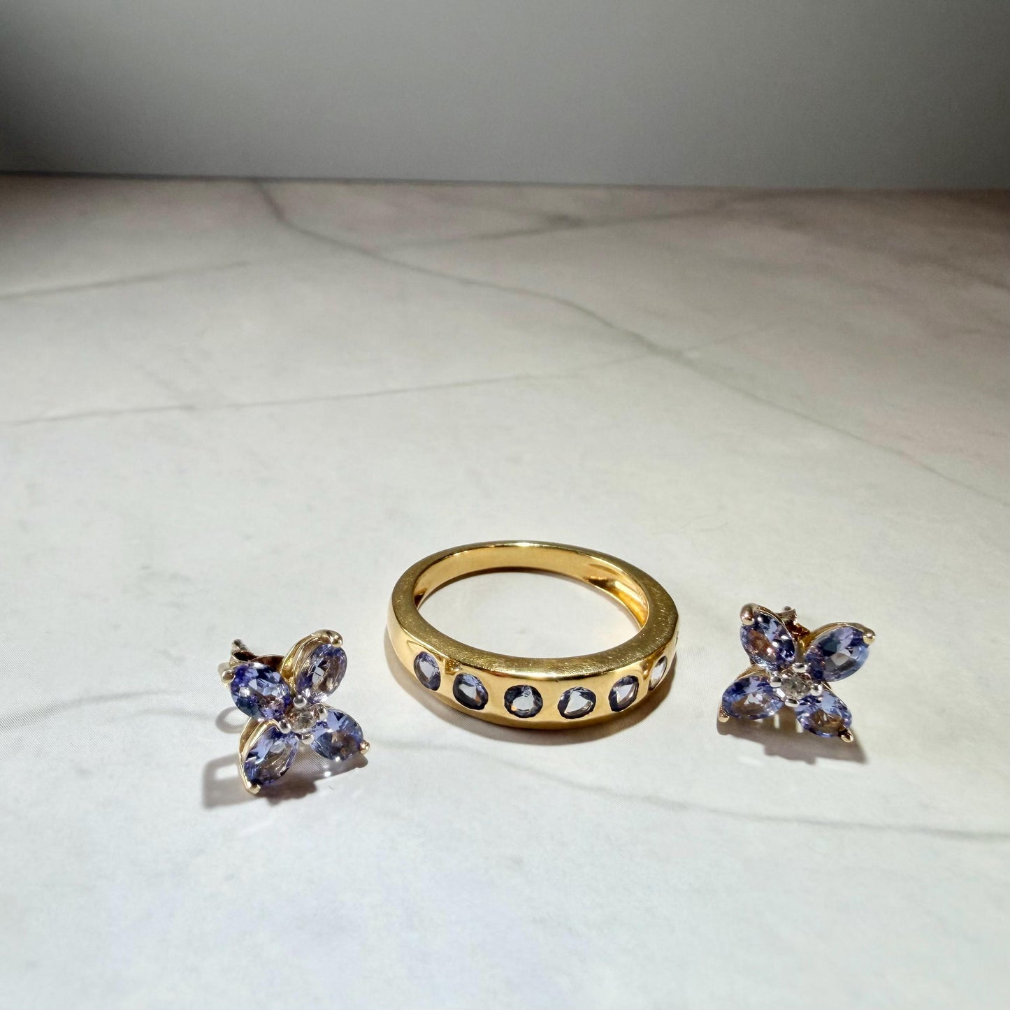Tanzanite Ring & Earrings Set | 925 Sterling Silver Gold-Plated Jewelry | 1.70 CTW Natural Tanzanite