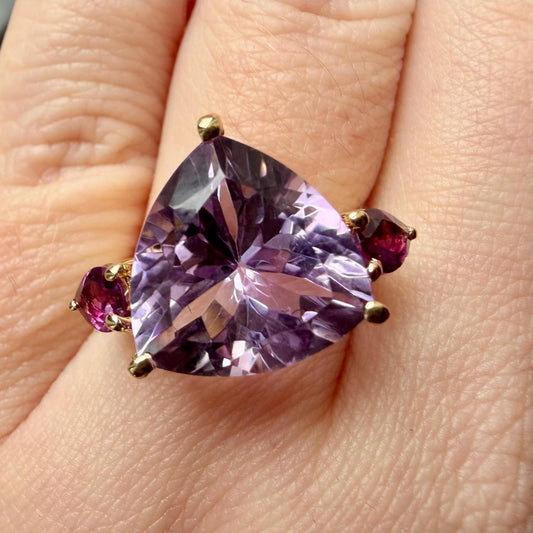 Statement Amethyst & Garnet Ring | 5.50 ct Trillion Natural Amethyst | Pink Garnet Accents | Gold Plated Sterling Silver | HRD Certified