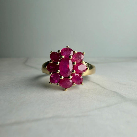 Vintage Ruby Cluster Ring | 2.31 CTW Natural Glass-Filled Rubies | Sterling Silver 925 Gold Plated | HRD Antwerp Report | Size 7