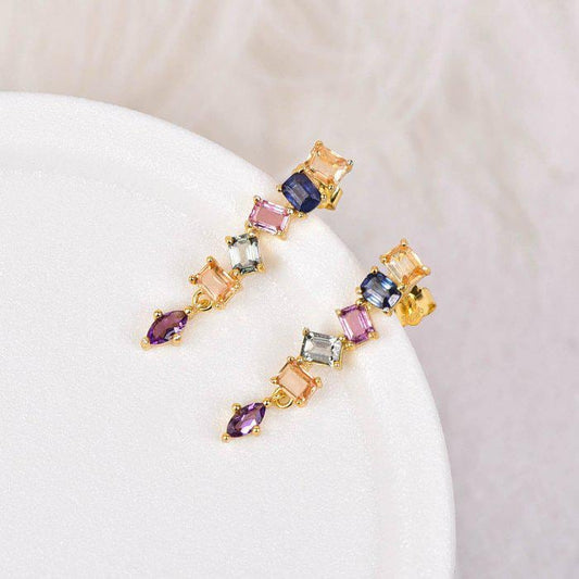 Rainbow Sapphire Drop Earrings | Natural Multi Color Sapphire Earrings | Gold Plated Sterling Silver | ALGT Certified | September Birthstone