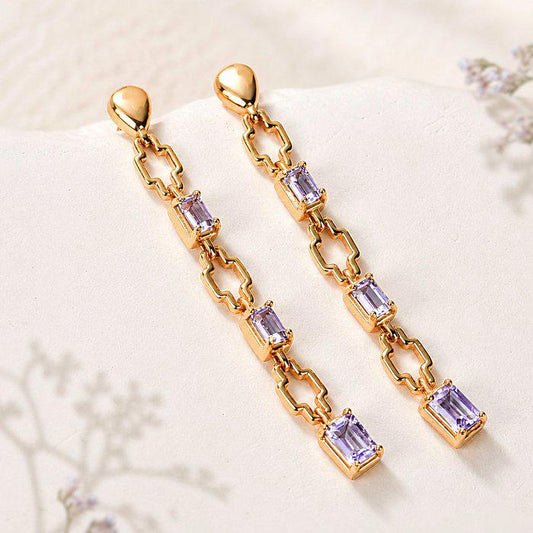 Natural Amethyst Drop Earrings | Emerald Cut Amethyst Dangle Earrings | Gold Plated Sterling Silver | ALGT Certified | February Birthstone