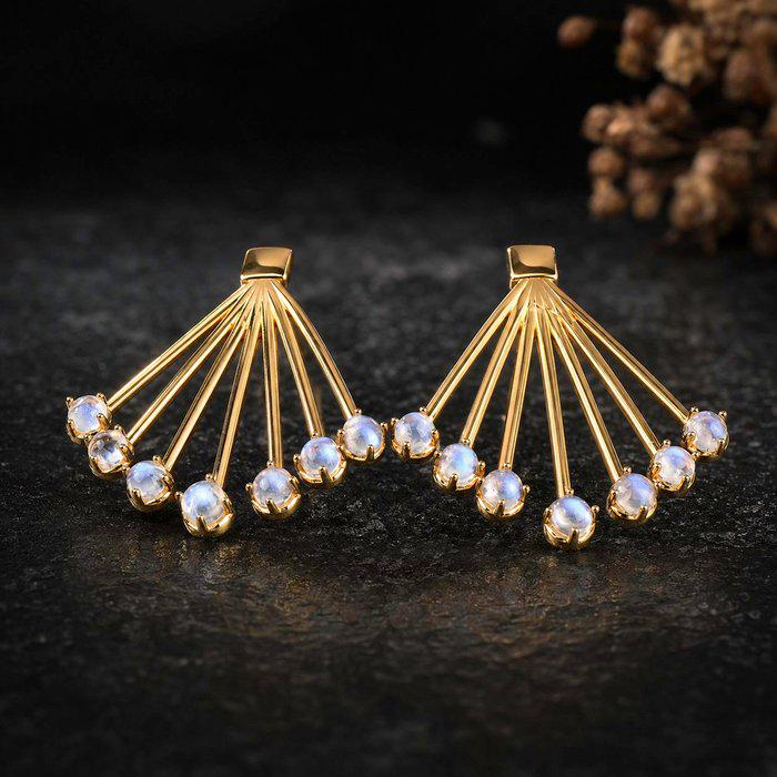 Natural Labradorite Fan Earrings | Gold Plated Sterling Silver Statement Earrings | Blue Flash Labradorite | Art Deco Inspired