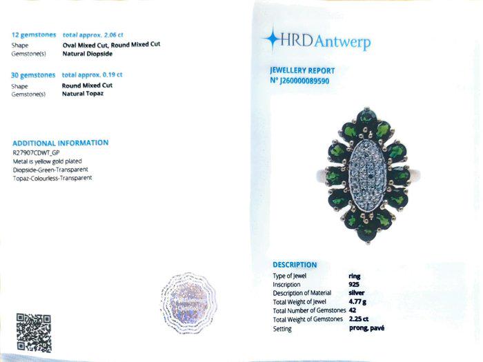 Natural Green Diopside & White Topaz Ring, 2.25 CTW, Gold Plated 925 Silver Floral Cluster Ring, HRD Certified