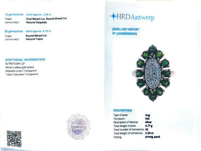 Natural Green Diopside & White Topaz Ring, 2.25 CTW, Gold Plated 925 Silver Floral Cluster Ring, HRD Certified