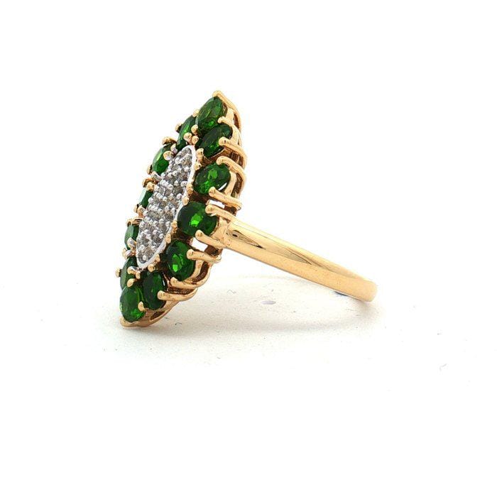 Natural Green Diopside & White Topaz Ring, 2.25 CTW, Gold Plated 925 Silver Floral Cluster Ring, HRD Certified