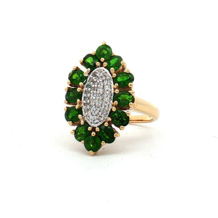 Natural Green Diopside & White Topaz Ring, 2.25 CTW, Gold Plated 925 Silver Floral Cluster Ring, HRD Certified