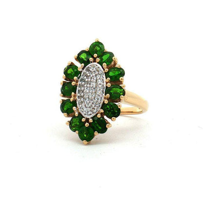 Natural Green Diopside & White Topaz Ring, 2.25 CTW, Gold Plated 925 Silver Floral Cluster Ring, HRD Certified