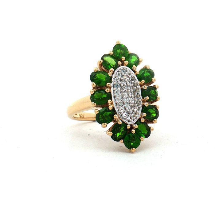 Natural Green Diopside & White Topaz Ring, 2.25 CTW, Gold Plated 925 Silver Floral Cluster Ring, HRD Certified