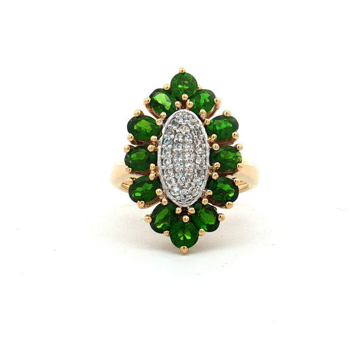 Natural Green Diopside & White Topaz Ring, 2.25 CTW, Gold Plated 925 Silver Floral Cluster Ring, HRD Certified