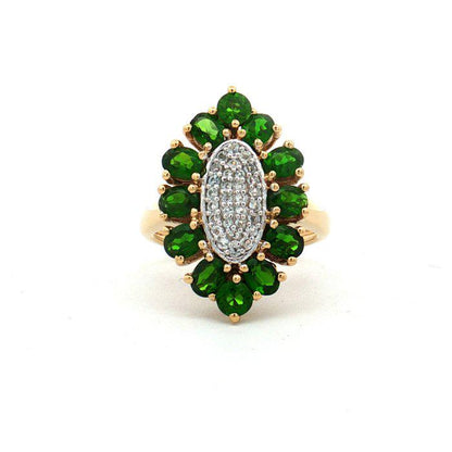 Natural Green Diopside & White Topaz Ring, 2.25 CTW, Gold Plated 925 Silver Floral Cluster Ring, HRD Certified