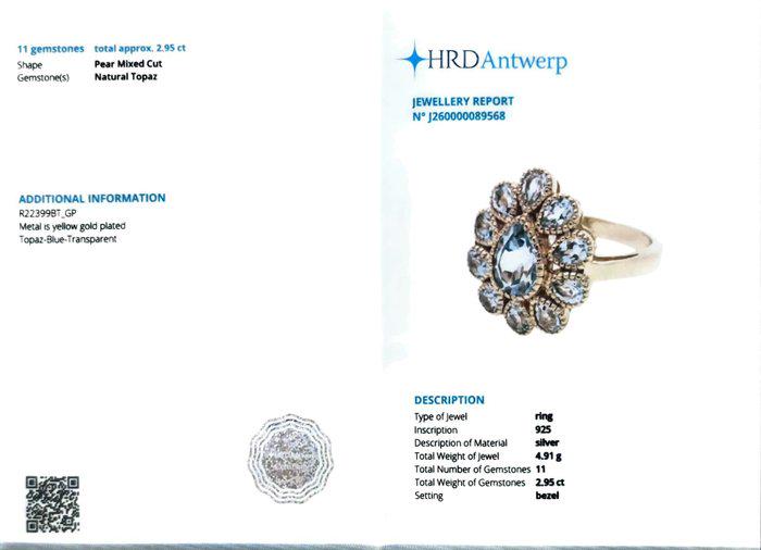 Natural Blue Topaz Ring, 2.95 CTW Pear Cut Floral Cluster, Gold Plated 925 Sterling Silver, HRD Antwerp Report