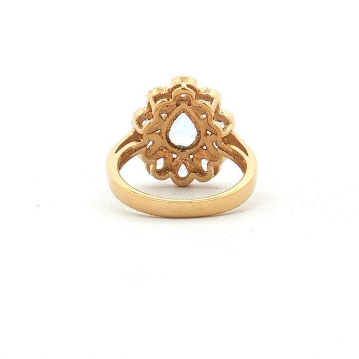Natural Blue Topaz Ring, 2.95 CTW Pear Cut Floral Cluster, Gold Plated 925 Sterling Silver, HRD Antwerp Report